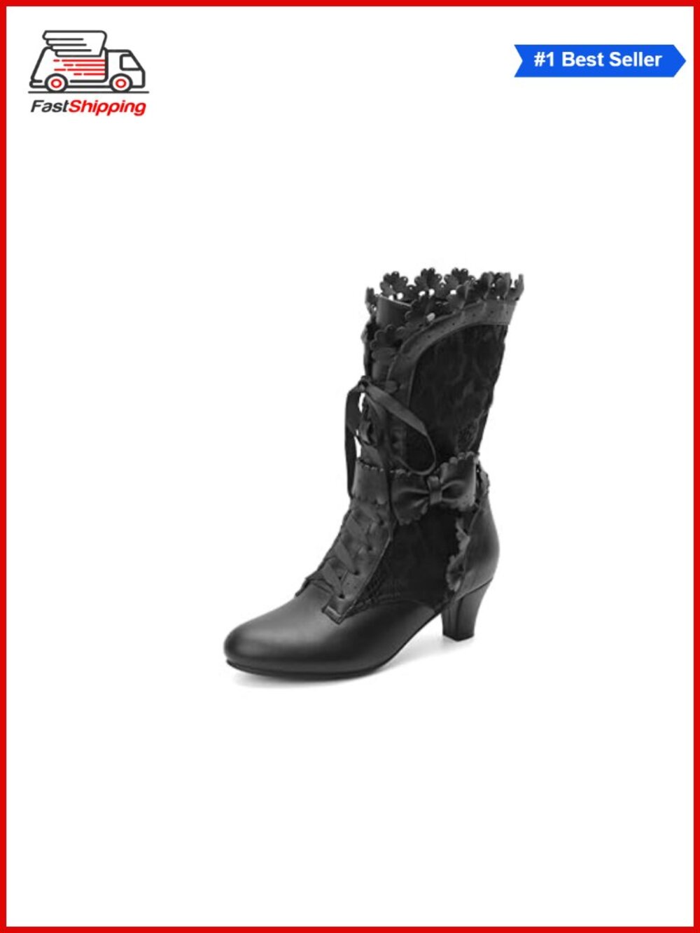 Victorian Lace Up Mid-Calf Boots Kitten Heel Steampunk Cosplay Faux Leather